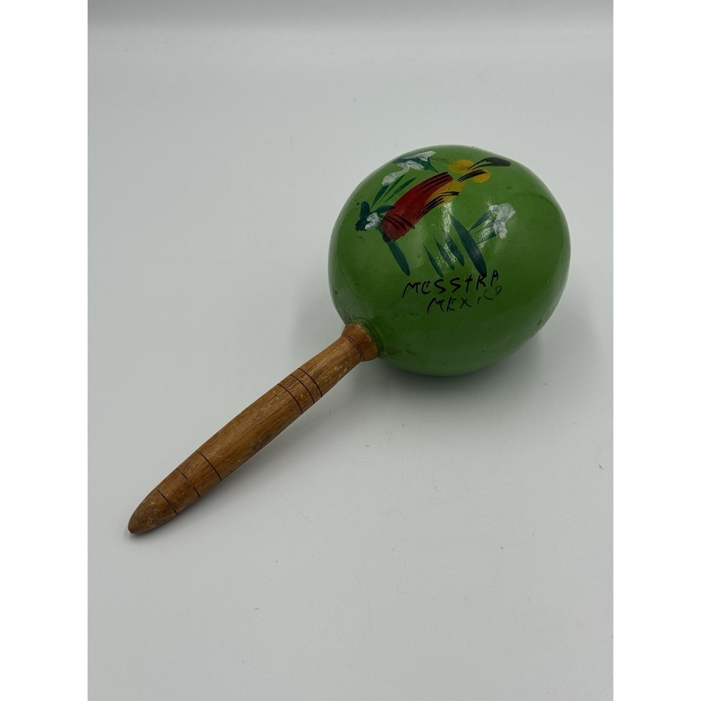 Vintage Mexican Green Maraca Percussion Shaker Instrument‎ Hand Painted
